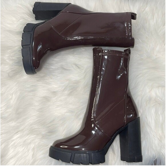 ALDO Women’s Ankle Boot Lug sole Dark Brown Platform Patent. New - Picture 11 of 12